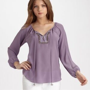 Rebecca Taylor Beaded Bohemian Boho Silk Blouse Fairy Purple Y2K Lavender Sz 10